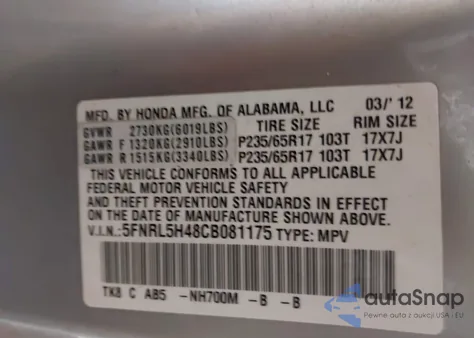 2012 Honda Odyssey Ex from USA, damaged, VIN 5FNRL5H48CB081175